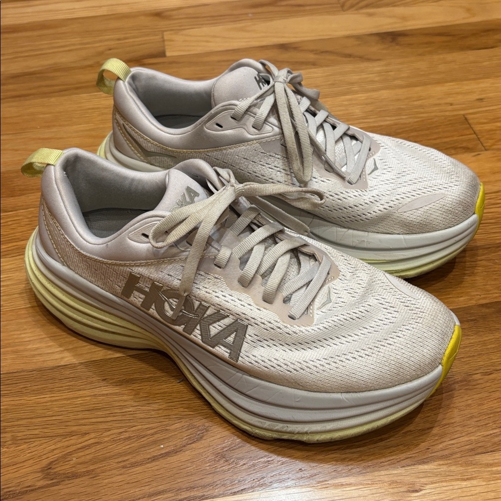 Hoka Bondi 8 Athletic Shoes in Beige and Lime